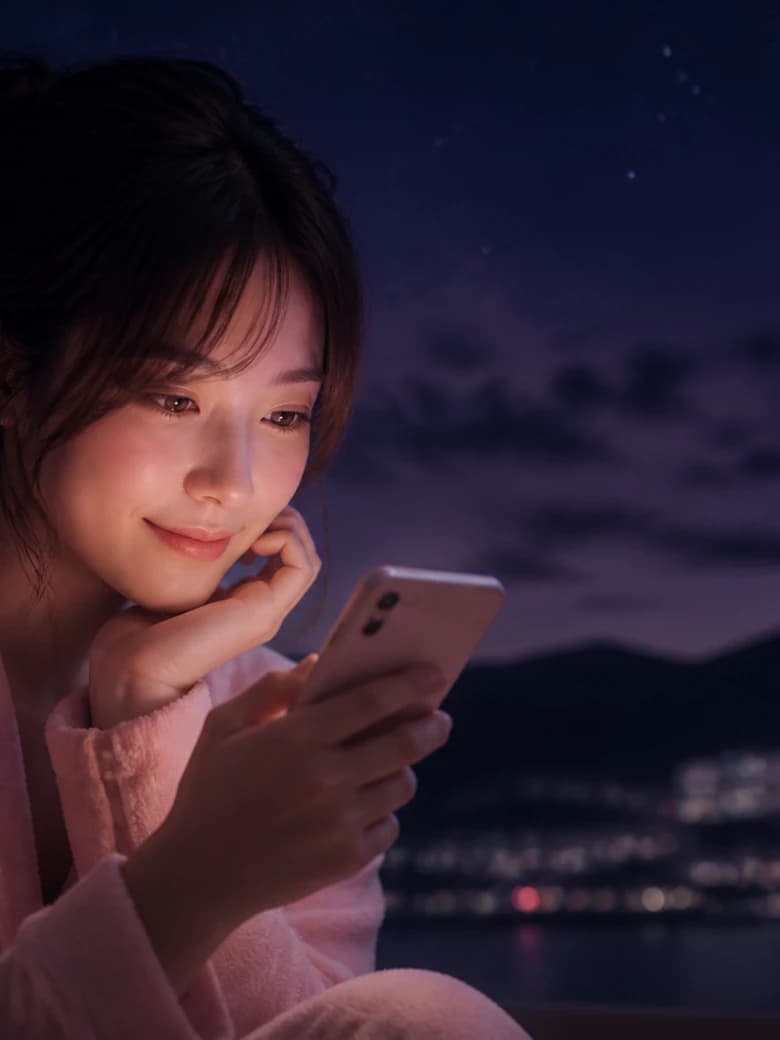 夜、スマートフォンを見つめる女性